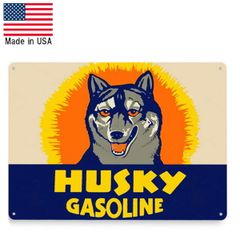 メタルベースサイン "HUSKY GASOLINE" ハスキー ガソリン 縦19cm×横28.5cm アメリカ製