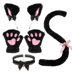 【迅速発送】mefeny 猫耳 カチューシャ 肉球手袋 しっぽ チョーカー 4点セット 鈴付き ハロウィン 仮装 小物 黒