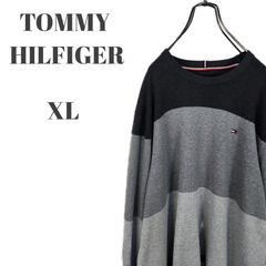 TOMMY HILFIGER トミーヒルフィガー コットンニット ワンポイントロゴ フラッグ刺繍  グレー ブラック 他 ボーダー メンズ XL サイズ