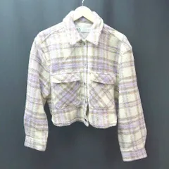 ◇ ZARA ニット チェック柄 起毛 ストレッチ ボタン 胸ポケット 秋冬物 長袖 ジャケット サイズXL パープル レディース E 【1309040068445】