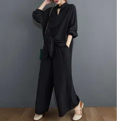 新品 2026新作 大きいサイズ セットアップ オーバーサイズ チュニックシャツ ワイドパンツ 上下セット 2点セット ブラウス トップス ボトムス ストライプ柄 パンツスーツ モード系 変形 個性的 上品 シンプル カジュアル フォーマル 結婚式 パーティー