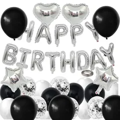 男子 セット ハッピー 女子 HAPPY BIRTHDAYガーランド 風船 ハート 紙吹雪風船 ドットシール 飾り付け リボン付き 装飾 バースデーバルーン パーティー お祝い バルーン サプライズ シルバー 誕生日 ブラック (ブラック)