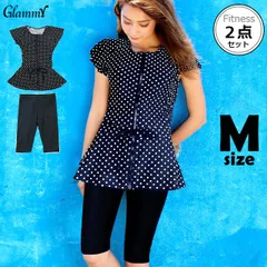【M】 ロング丈 フィットネス水着 上下2点セット オールドット 大きいサイズ レディース 体型カバー セパレート チュニック丈 フリル袖 半袖 袖付き 膝上丈スパッツ 水中ウォーキング ドット柄 水玉 プール ジム 女性 m-f-0028