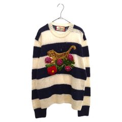 GUCCI (구찌) TIGER EMBROIDERY KNIT 683896 타이거 엠브로이드 보더 긴팔 니트 스웨터 여성 네이비/아이보리
