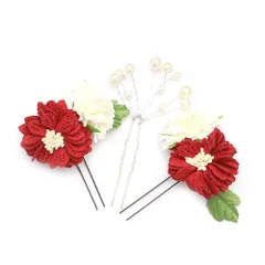 髪飾り 成人式 つまみ細工 赤 振袖 前撮り 袴 花 3点セット パールビーズ かんざし レトロ 髪型 ヘアスタイル ヘアアレンジ 和 No.9-3963