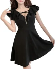 world resilience キャバドレス フリル セクシー ハーフ ジップ ミニ フレア ワンピース メンエス衣装 嬢 オフショルダー 半袖 タイト Aライン 胸 クロス チャック ミニワンピ セクシードレス(ブラック,  M)