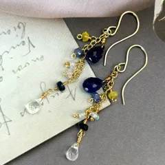 サファイアのピアス　サファイア・エチオピアンオパール・ホワイトトパーズ　14kgf　天然石ピアス　9月誕生石　ハンドメイドピアス　イヤリング