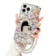 CrazyLemon 適用 iPhone 14 Pro ケース かわいい キラキラ クリア カラフル ラインストーン 贅沢 花 くま デザイン おしゃれ ハート形 化粧鏡 ミラー付き ストラップ付き 可愛い 豪華風 レディース 女性 人気 シリコーン ケー 0
