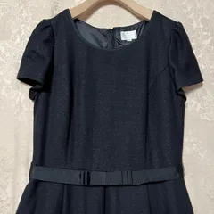 【美品】Emma james エマジェームス ツイード ラメ ワンピース 11号 L ネイビー リボン セレモニー フォーマル　半袖