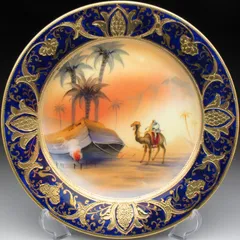 オールドノリタケ 風景画 アラビアンナイト 夕焼け 湖、椰子の木と船