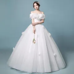 ボートネック オフショルダー ホワイトドレス ウェディングドレス 結婚式 花嫁 フレア フリル お洒落 ブライダルドレス Aラインドレス 披露のサムネイル