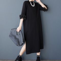 モード系  シンプルデザイン  フリル  7分袖   ブラック   ミディデザインドレス  ロングスカート モノトーン