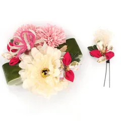 髪飾り ２点セット ピンク 白 成人式 花 リボン つまみ細工 ちりめん 和風 着物 浴衣 結婚式 七五三 卒業式 入学式 ヘアアクセサリー 髪留め 日本製 バレンタイン クリスマス 誕生日 送料無料 ローズ W 78 324-382 u890　Si