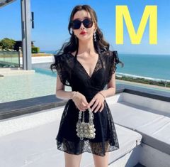 レースワンピース　水着　M インポート お洒落 きれいめ Vネック 体形カバー　セクシー エロかわ