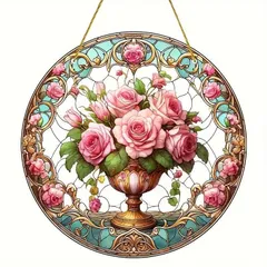 置物 インテリア サンキャッチャー ローズ花瓶サンキャッチャー 9インチx9インチ エレガント ステンドグラス 窓掛け装飾 壁掛け 飾り オーナメント 誕生日プレゼント ギフト