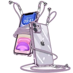 【在庫処分】ワイヤレス充電対応(パープル) 紛失防止 落下防止 取り外し可能 長さ調整可能 織りストラップ付き 斜めがけ 紐付き 携帯ケース TPU 軽量 薄型 透明 縄掛けケース 斜めかけ 肩掛け カバー アイフォン11 スマホケース iPhone11 ショ