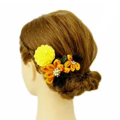 髪飾り 成人式 つまみ細工 振袖 前撮り 袴 浴衣 夏祭り 花火大会 豪華3点セット 黄色 橙色 黒 ちりめん ヘアアクセ 新作 かん No.9-3617