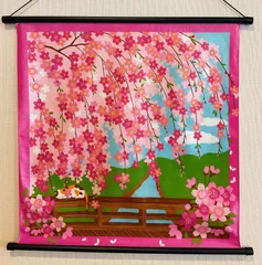 軸付きタペストリー【4月 みけのお花見】桜タペストリー 桜壁飾り しだれ桜 猫タペストリー 三毛猫 4月飾り 季節のタペストリー 四季彩布タペストリー 新品未使用品 日本製