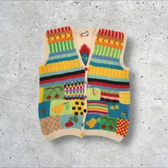 イタリア製 ヴィンテージ Cinzia カラフル ポップ フルーツ柄 果物柄 ローゲージ ニットベスト ビッグサイズ