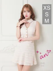 ベージュ[AOC 3609-BE-2401]【an /アン】襟付き/ ボーダー/ ツイード/ ノースリーブ/ プリーツ/ Aライン/ セットアップ/ ミニドレス/ キャバドレス