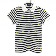 【美品】パーリーゲイツ 半袖ポロシャツ 白×ダークネイビー ボーダー ニコちゃん スマイル  レディース 0(S) ゴルフウェア PEARLY GATES