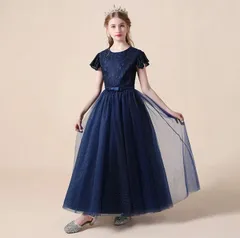 キッズドレス ピアノ 発表会 半袖 ドレス 140cm ネイビー 紺 演奏会 ロングドレス 女の子 女子 キッズ フォーマル 子供 ドレス発表会 パーティードレス 結婚式 袖あり 可愛い 上品 きれい dt497c0