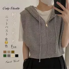 新品 レディース ニットベスト フード付き ショート丈 前開き ファスナー仕様 ノースリーブ カジュアル 春秋冬 アウター トップス オーバーサイズ 着脱楽々 kkk