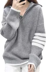 Size:M_Color:グレー [ジェイストア] ハーフジップ ニット 長袖 ライン プルオーバー セーター カジュアル アウター 春 秋 事務 大人 上着 韓国 無地 学生 部屋着 普段着 寝間着 厚手 袖長 仕事 えり たかい おしゃれ ゆる ゆったり