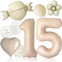 【新品】 deerzon くすみベージュ 15歳 くすみカラー 数字 バルーン 誕生日 飾り付け 10点 セット 大きい 65cm くすみ ニュアンスカラー ナンバーバルーン バースデー 0