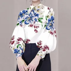 【ホワイト★Ｍ】エレガント 花柄 パフスリーブ ブラウス バルーンスリーブ