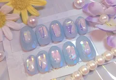 ③ハンドメイド　ネイルチップ　現品　サイズオーダー可　氷ネイル　オーロラネイル　埋め込みネイル　夏　涼しげ　うるうる　韓国　水色　ライトブルー