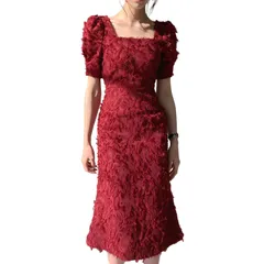 [Takusan Shopping] タイトドレス スクエアネック レディース ワンピース フェザードレス パフスリーブワンピース 結婚式 キャバ嬢 ドレス (JP, アルファベット, M, レッド) [レッド] [M]