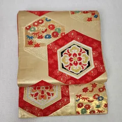 袋帯 金糸 赤×ゴールド 六角文様 季節花柄 正絹混 美品 フォーマル 長さ404cm 幅30cm レトロ アンティーク