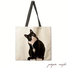 トートバッグ  エコバッグ   首をかしげる ハチワレ 猫  油絵 風 ショッピングバッグ バッグ　猫 ねこ ネコ 子猫  レディース 雑貨　パタパタ民族