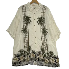 CANPIA アロハシャツ 総柄 US古着 ボタンダウン オープンカラー 開襟シャツ レーヨンシャツ 半袖 シャツ オーバーサイズ ビッグシルエット KOREA製 メンズ XXL ホワイト/アイボリー/その他