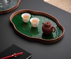 花海棠柄   木製 お盆 おしゃれ ガラス ティートレー お家カフェ インテリア 小物入れ 茶道具 中国茶器 茶盤
