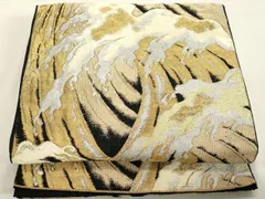 平和屋着物◎六通柄袋帯　唐織　立波文　黒地　金銀糸　正絹　逸品　DAAX5373cd