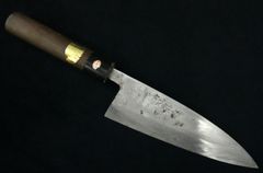 黒打本鍛造☆白寿別選アジ切りナイフ包丁☆黒檀銀3段巻柄☆ 206
