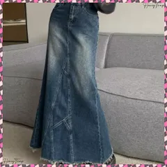 送料無料 デニムロングスカート バックスリット韓国 ヴィンテージ デニムスカート レディース 裾フリンジロングスカート ハイウエストAラインスカート 体型カバーブリーチ加工 着やせデニムレトロ ローエッジスカート マーメイドスカート