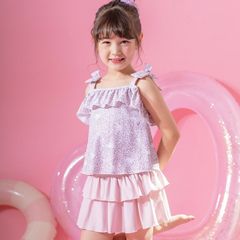 【小花柄猫・ピンク】オフショルリボンスイムウェア キッズ TAK キャサリンコテージ