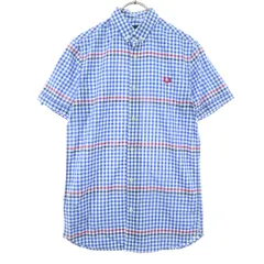 美品 FRED PERRY フレッドペリー チェック柄 半袖 ボタンダウンシャツ XS ブルー メンズ 古着