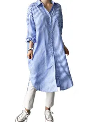 ［ルクシア フィル］ レディース ブルー ダブル 加工 l サイズ 大きい 長袖 カジュアル ボタン ビッグ シルエット ロング オープン シャツ ワンピース わんぴーす ビジネス オフィス スリム 前あき 快適 はおる ダボダボ しゃつ  [ブルー] [L]