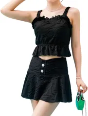 G-tiamo ジーティアモ 水着 レディース 2点セット タンキニ スカート 体型カバー フリル セパレート かわいい おしゃれ(ブラック,  M)