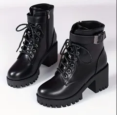 編み上げブーツ レースアップシューズ ショートブーツ ハイヒール 歩きやすい PUレザー 厚底 レディース ハイカット靴 カジュアル 袴 ブーツ ショート ブラック おしゃれ ベルトバックル＆サイドジッパー 女性用 厚底アンクルブーツ 地雷系 ゴスロリ