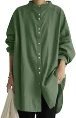 newNE ニューネ スタンドカラー シャツワンピース レディース 無地 チュニック カジュアル 春 秋 長袖レディース おおきい お洒落 韓国風 前開き(グリーン,  2XL)