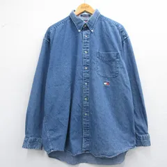 XL/古着 トミーヒルフィガー 長袖 ブランド シャツ メンズ 90s ワンポイントロゴ 大きいサイズ ロング丈 コットン ボタンダウン 紺 ネイビ