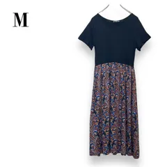 【未使用】切替デザイン ストレッチ ロングワンピース　Mサイズ　ペイズリー柄　レーヨン　黒　紺　ブラック　ネイビー　半袖　ドッキング