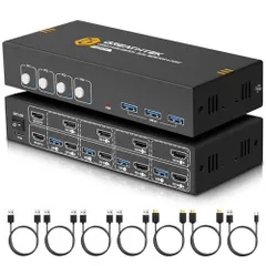 4入力2出力 KVMスイッチ HDMI 4ポート、USB3.0 KVM デュアルモニター、UHD 4K@60Hz解像度、HDMI KVM切替器 4入力2出力、アダプティブEDID、ボタン切り替え