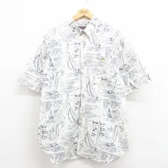 L/古着 半袖 シャツ メンズ 00s 船 総柄 ロング丈 コットン ボタンダウン 白 ホワイト 25aug08 中古 トップス