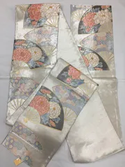 リユース　リサイクル　銀　金　フォーマル　帯　袋帯　六通　成人式　お正月　結婚式　白　銀　牡丹　菊地　扇　FO89SI